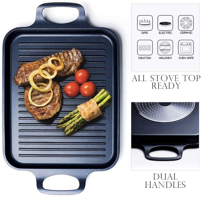 S·KITCHN Nonstick Grill Pan, Induction Stove Top Grill Plate, Glass Grilling Pan for Indoor, Gas Range Grill Panel/Skillet