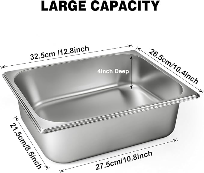 West Bay 4 Pack 1/2 Half Size Hotel Pan with Lids, 4'' Deep Steam Table Pan with Lid, 12.8''L x 10.4''W Stainless Steel Pans for Home, Party, Hotel, Buffet