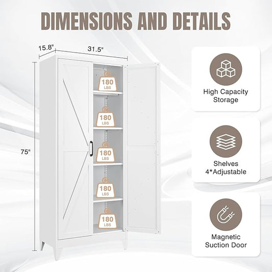 Yizosh Metal Storage Cabinet with Doors and 4 Adjustable Shelves - 75" White Kitchen Pantry Storage,4-Tier Tall Steel Cabinet Locker for Kitchen,Living Room,Dining Room
