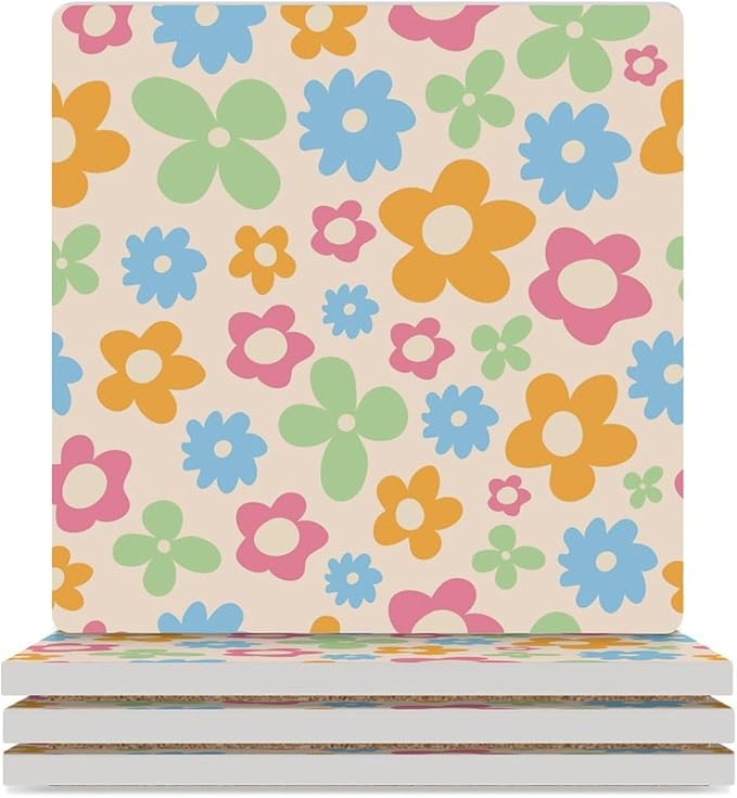 Square-4PCS Floral Drink Coasters, Square Modern Ceramic Absorbent Coasters, Cartoon 70s Cute Flower Abstract Pastel Daisy Floral Decor Desk Coffee Table Coaster for Beverage Cup Tea Coasters