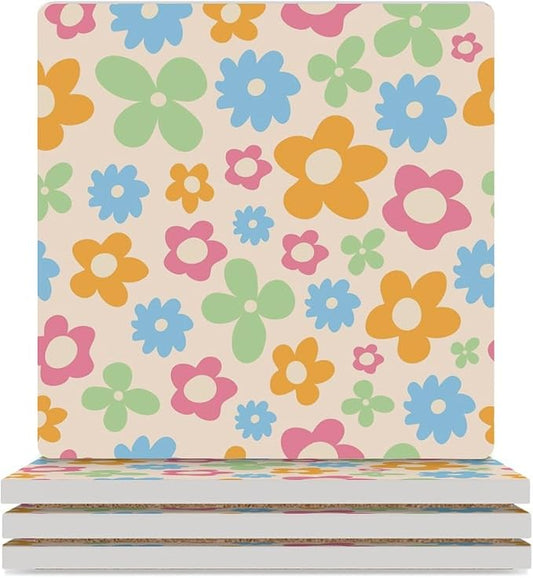 Square-4PCS Floral Drink Coasters, Square Modern Ceramic Absorbent Coasters, Cartoon 70s Cute Flower Abstract Pastel Daisy Floral Decor Desk Coffee Table Coaster for Beverage Cup Tea Coasters