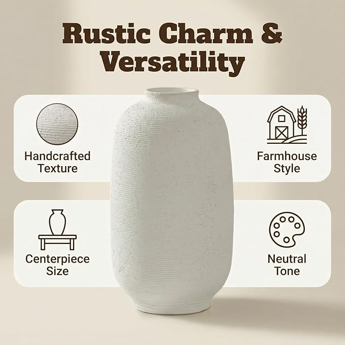 White Ceramic Flower Vase Home Decor - Large Tall Farmhouse Table Vases Rustic Living Room Kitchen Bedroom Decorations for House Book Shelf Office Coffee Desk，Hand-Made Textured Surface (10.8“ H)