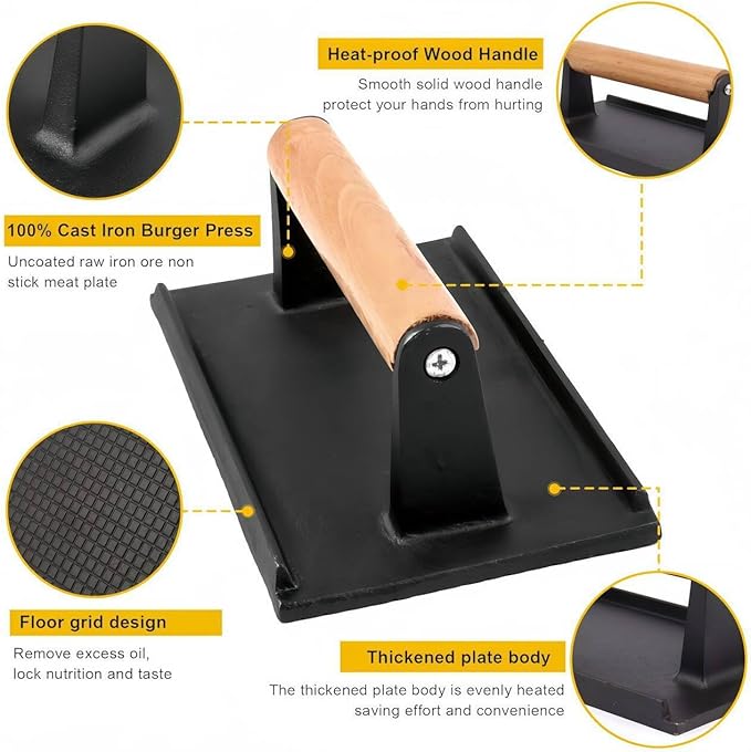 Cast Iron Grill Press with Wooden Handle, 2.4LB Heavy Duty Bacon Press, Smash Burger Press for Perfect Grill Marks, Nonstick & Versatile Meat Weight for Kitchen & BBQ, 8.1 x 4.1 Inch