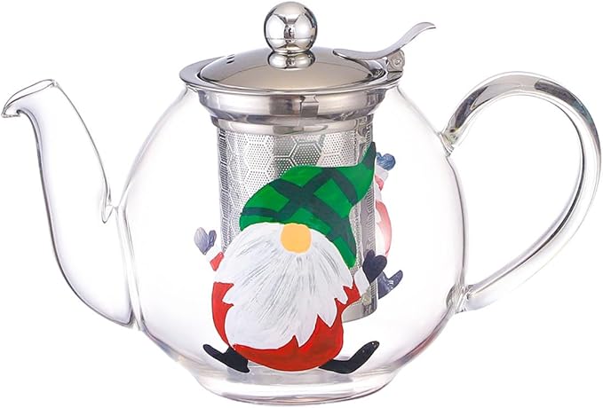 1000ml/35oz Hand Painted Pattern Glass Teapot For Stovetop,Tea Pot For Loose Tea,Glass Tea Kettle With Infuser (Green Hat Santa)