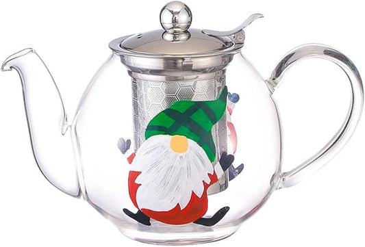 1000ml/35oz Hand Painted Pattern Glass Teapot For Stovetop,Tea Pot For Loose Tea,Glass Tea Kettle With Infuser (Green Hat Santa)