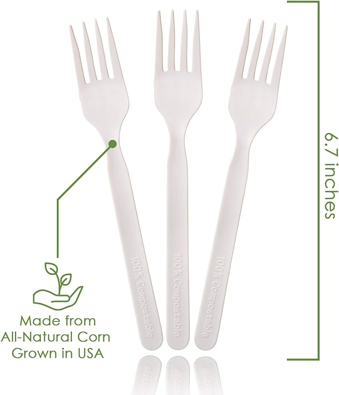 Ecovita 100% Compostable Forks - 500 Large Disposable Utensils (7 in.) Bulk Size Eco Friendly Durable and Heat Resistant Alternative to Plastic Forks with Convenient Tray