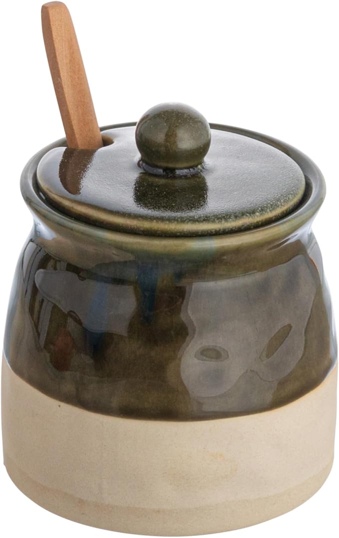 Creative Co-Op Stoneware Sugar Pot with Lid and Wood Spoon, Deep Green Glaze