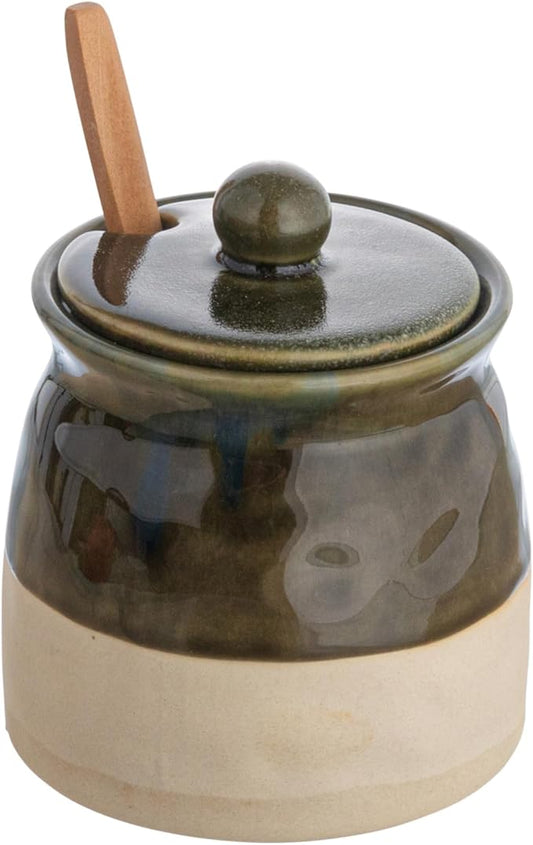 Creative Co-Op Stoneware Sugar Pot with Lid and Wood Spoon, Deep Green Glaze