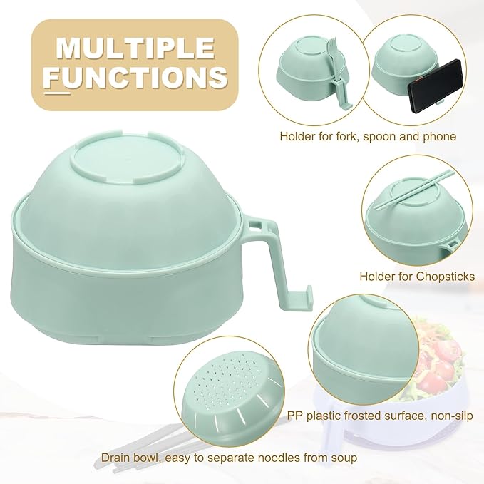 uxcell 2 Sets Microwave Ramen Bowl Set, Wheat Fiber Noodle Bowls Plastic Cooker with Lid Handle Fork Spoon Chopsticks for College Dorm Room Apartment, (Green)