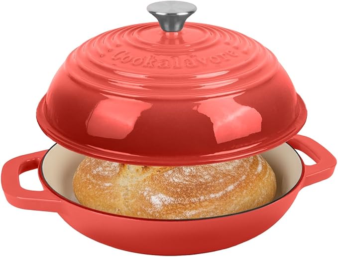 Fijxzct Premium Enameled Cast Iron Dutch Oven for Bread Baking | Non-Stick 5QT Oval Bread Oven with Lid | Perfect for Sourdough, Loaf, and Artisan Baking (Round Red, 5 QT)