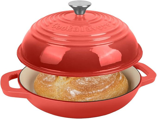 Fijxzct Premium Enameled Cast Iron Dutch Oven for Bread Baking | Non-Stick 5QT Oval Bread Oven with Lid | Perfect for Sourdough, Loaf, and Artisan Baking (Round Red, 5 QT)
