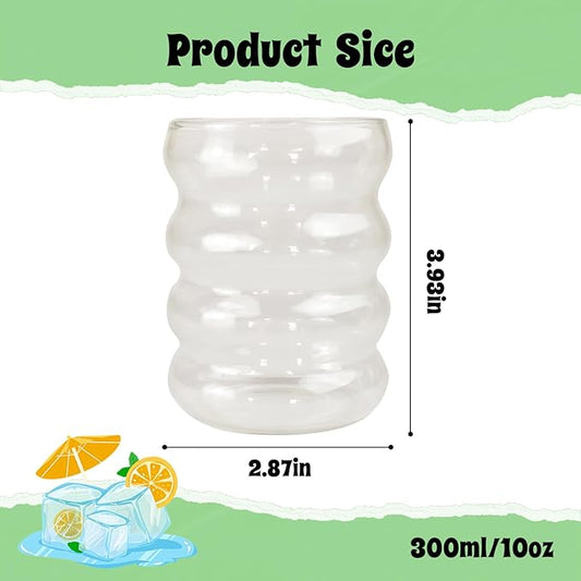 Ribbed Glass Cup 10 Oz Vintage Drinking Glassware Creative Small Ripple Glasses for Iced Coffee Juice Beverage Milk Cocktail Cute Wavy Glass Cups