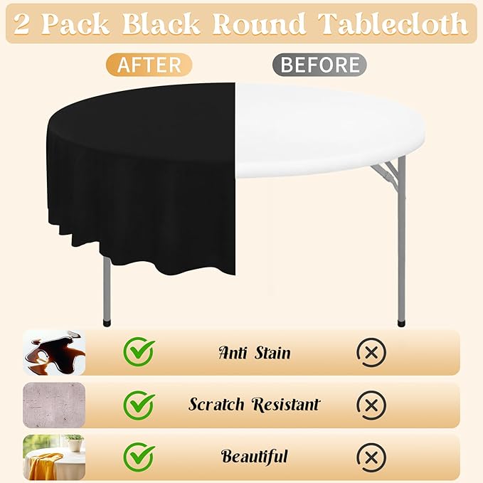 HAISIWLKJ 2 Pack 120 Inch Black Round Tablecloth for Round Table Washable Reusable Outdoor Polyester Fabric Decorative Table Cover for Dining, Buffet, Camping, Baby Shower, Party