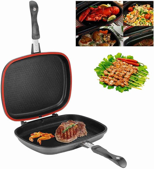 Double Side Grill Pan, Non Stick Aluminium Double Frying Pan, Sandwich And Panini Maker Baking pan for Barbecue, Chicken
