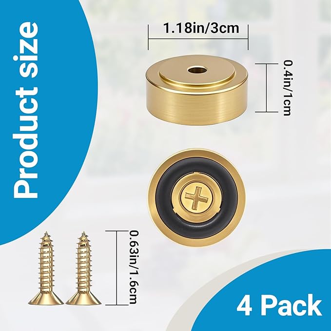 4 Pack Brass Cutting Board Feet with Non Slip Pads,Rubber Feet for Cutting Board,1.18 Inch Rubber Feet Solid Brass (4, 1.18 inch)