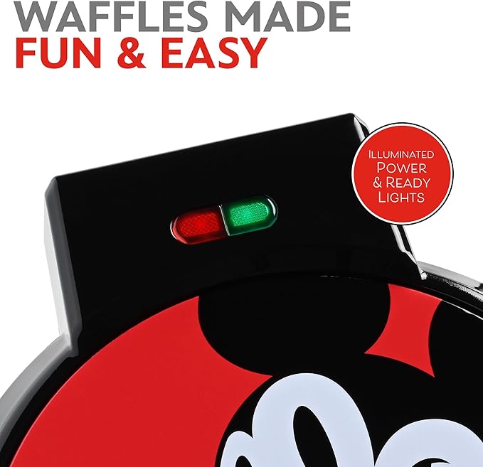 Disney Mickey Mouse 7" Round Waffle Maker by Select Brands - Premium Mickey Mouse Kitchen Appliance with Ceramic Nonstick Coating - Disney Kitchen Appliances - 7" Mickey Character Waffles