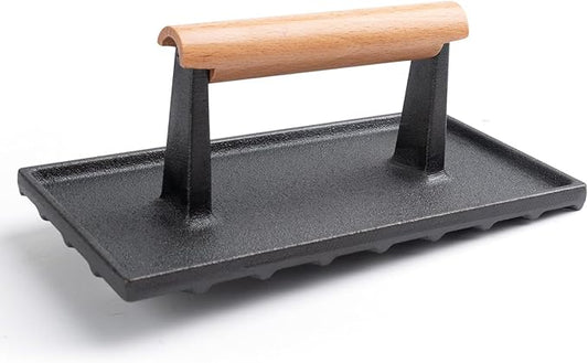 SHINESTAR Bacon Press, 8" × 4" Cast Iron Grill Press for Blackstone Griddle, Ideal for Bacon, Burger, Panini, Pre-Seasoned, Indoor and Outdoor Cooking, Rectangle