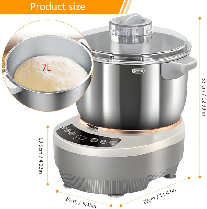 QCQDL Electric Dough Maker Machine with Fermentation Function, 7L Large Capacity Household Dough Mixer, 304 Stainless Steel, Microcomputer Timing, Front Touch Panel, Gray,7L