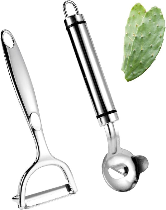 2 Pcs Cactus Peeler Tools, Stainless Steel Cactus Paring Knife and Peeler Spoon Long Handle Slicing Noodle Cutter with Hole for Cactus Kitchen Cooking Noodles