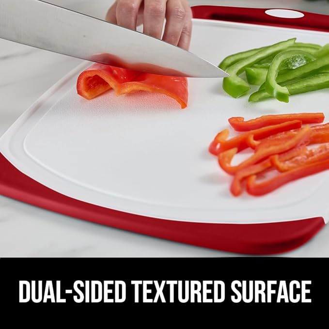 GORILLA GRIP BPA-Free Reversible Kitchen Cutting Board Set of 3, US Designed, Nonporous, Juice Grooves Catch Liquid, Slip Resistant Border, Dishwasher Safe, Durable Large Food Chopping Boards, Red