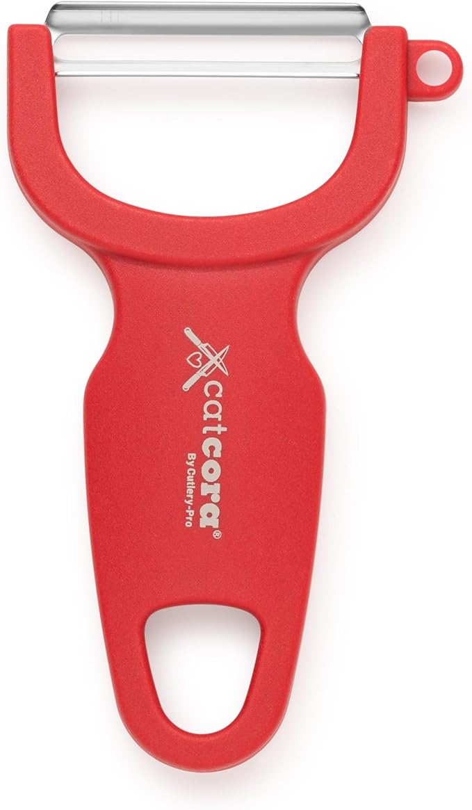 CatCora Swiss-Style Peeler, Professional German Tempered Stainless Steel Blade For Peeling Fruits and Vegetables and Garnishing, Ergonomic Contoured Handle, Red, Set of 2