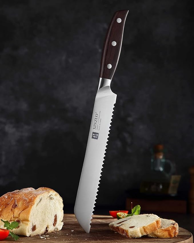 XINZUO 8 Inch Serrated Bread Knife for Homemade Bread Sourdough,German Stainless Steel,Multifunction Bread Cutting Knife with Red Sandalwood Handle