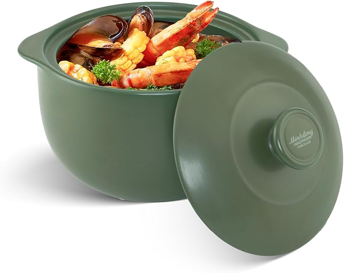 MINH LONG 2-Qt Porcelain Dutch Oven with Lid – Lead & Cadmium Free, Oven Safe to 482°F, Heat Retention, Clay Pot for Cooking on Gas & Infrared Cooktop, Use to Marinate, Cook, Bake, Refrigerate & Serve