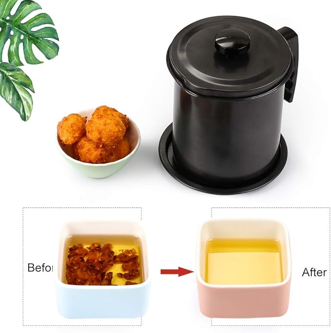 Ourokhome Bacon Grease Container with Strainer- 1.6 L or 6.7 Cup Iron Kitchen Oil Storage Can with Fine Mesh Strainer for Storing Hot Frying Oil, Fat (Black)