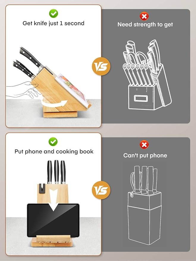 Knife Set, FOHERE Knife Block Set With Phone Holder, 360° Rotatable Kitchen Knife Sets 7PS, Knife Set with Sharpener, German Stainless Steel, Wood