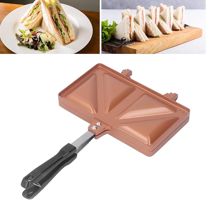 TOPINCN Baking Pan,Double Sided Heating Aluminum Alloy Panini Maker Pan Even Heating Portable Press Grill for Sandwiches (Gold)