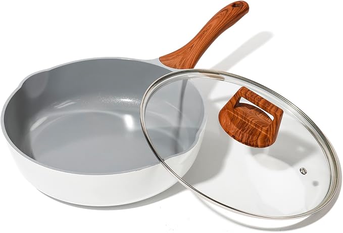 SC Cooker Nonstick Ceramic Frying Pan With Lid, 10 Inches Deep Frying Pan Non Stick Skillet With Pour Spout, Non Toxic Cookware for Stove, Induction, Gas, PB/CD/PFOA Free (White,10 Inches)