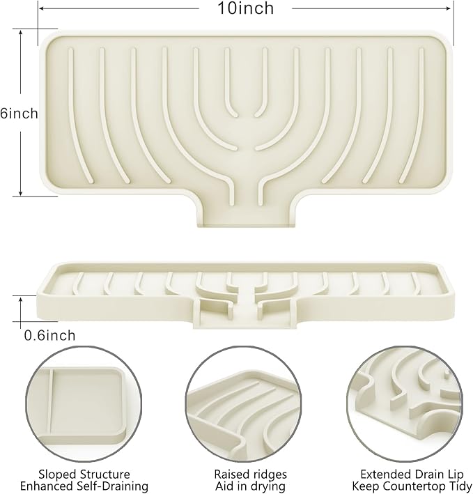 Sponge Holder for Kitchen Sink, Soap Tray for Sink & Counter, 9.8"×4.9" Soap Dish Mat, Silicone with Drain, Perfect for Dispenser, Scrubber, Bottle, Cup (Cream)