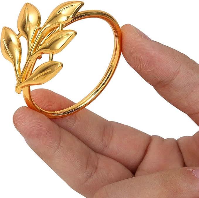 KPOSIYA Set of 12 Leaf Napkin Rings Metal Gold Napkin Holder Table Napkin Rings for Thanksgiving Day Christmas Dinning Table Parties Everyday (Ye Zi-Gold 12)