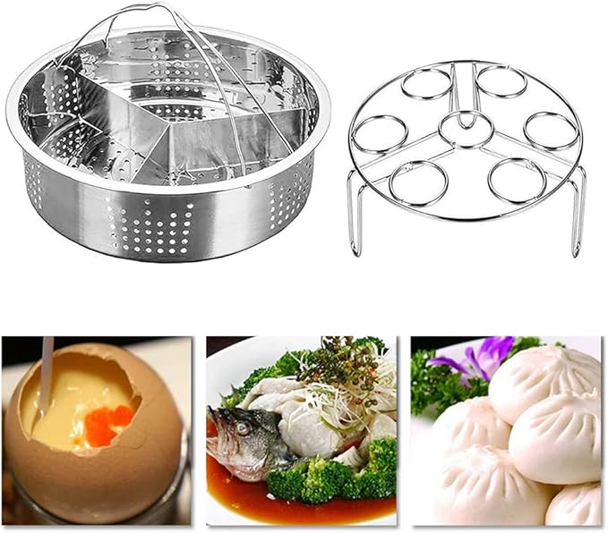 Steam Baskets with Egg Steam Rack, Food Grade Stainless Steel Steam-Holder Tray Trio Separator Set, Cooking Accessories for Vegetable, Fish, Meat Compatible with Instant Pot, Electric Pressure Cooker