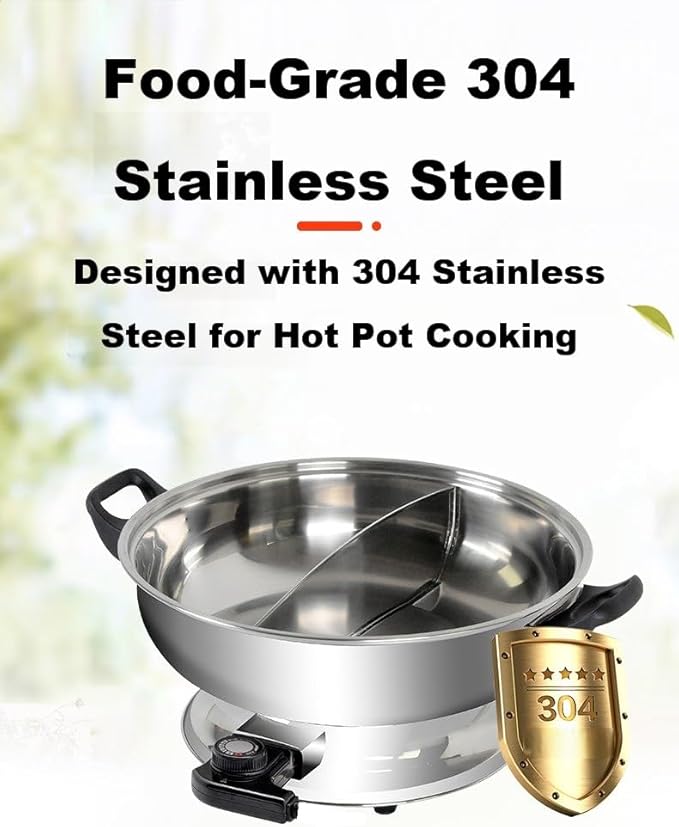 YONGXIN Electric Hot Pot JH-160B-30cm with Divider 304 Stainless Steel, 1400W Dual-Sided Shabu Hot Pot, 4 Liters