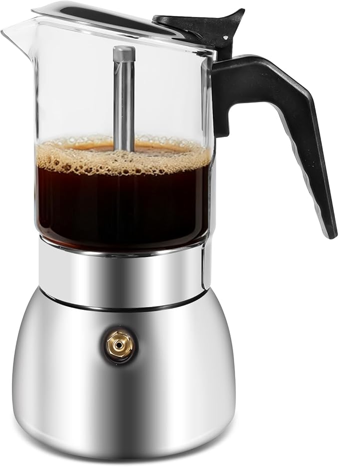 Newdehanm Stovetop Espresso Moka Pot, Crystal Glass-Top & Stainless Steel Italian Coffee maker, 300ml(6cup) (silver)