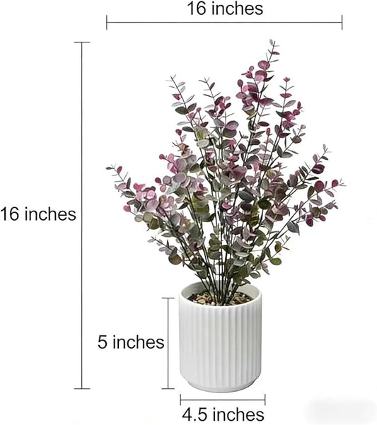 16.5" Artificial Eucalyptus Plant in White Ribbed Ceramic Pot Purple Faux Potted Greenery Tall Desk Plant for Home Office Shelf Table Bathroom Decor Maintenance Free