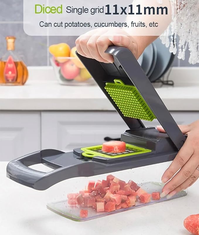 Vegetable Chopper Mandoline, Onion Chopper 16 in 1 Multifunctional Food Chopper with 9 Blades Slicer Dicer Cutter & Dicing Machine with Container in Grey and Green Colour