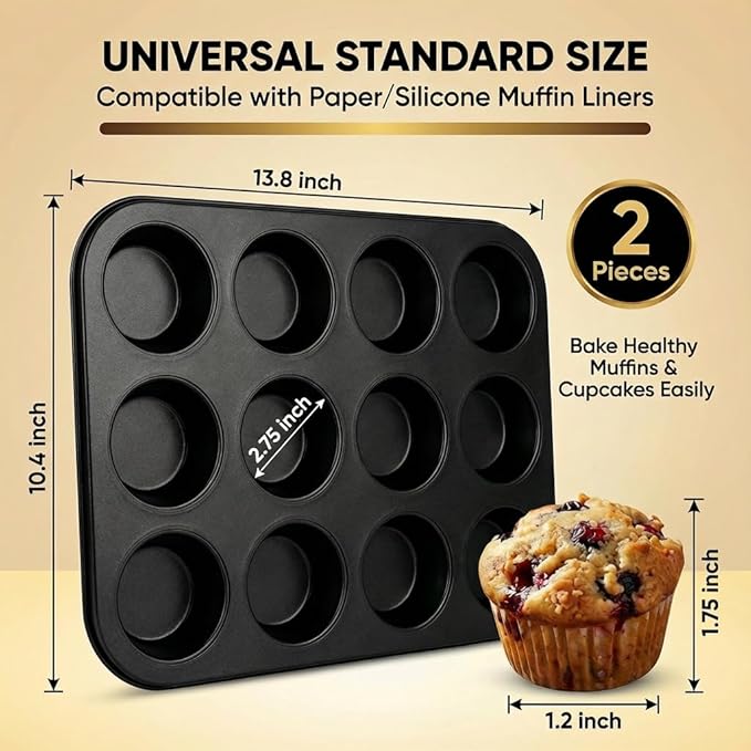 Flajepetals 6-Piece Set Muffin Tin,Nonstick Cupcake Pan Set,Carbon Steel 12 Cupcake Tray,Cupcake Pans for Baking, Cup Cake Pans for Baking