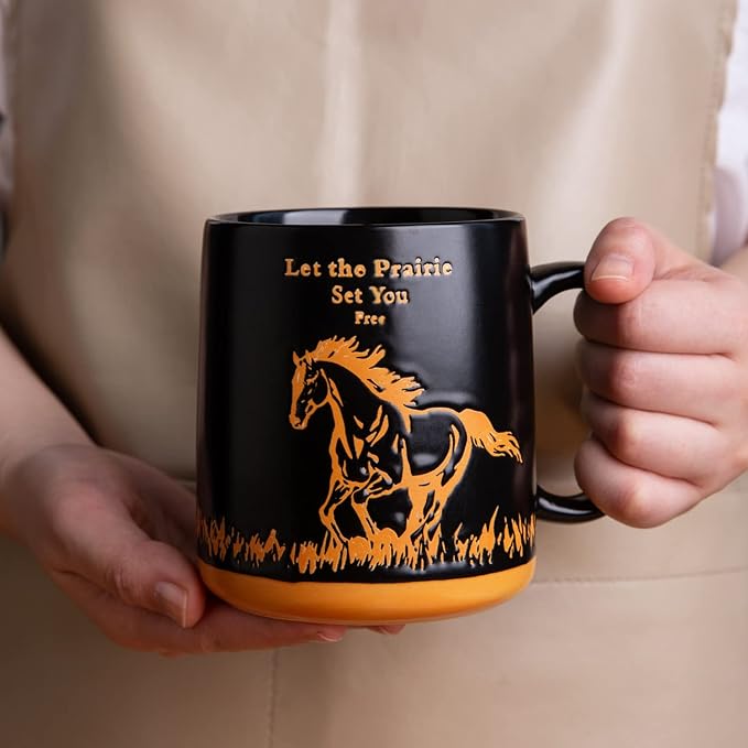 AmorArc 18oz Large Coffee Mugs Set of 6, Ceramic Coffee Mugs with Animal Wildlife Textured Patterns for Tea Latte Cocoa. Easy to Hold&Clean, Dishwasher&Microwave Safe, Matt Black