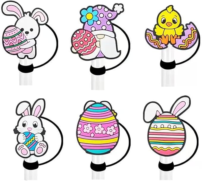 Easter Straw Toppers Covers Silicone Easter Bunny Straws Tips Cover Protector Bunny Toppers for Tumblers Cap Dustproof Reusable Tip Lids for 1/4-1/3 in Drinking Cup Accessories 6Pcs