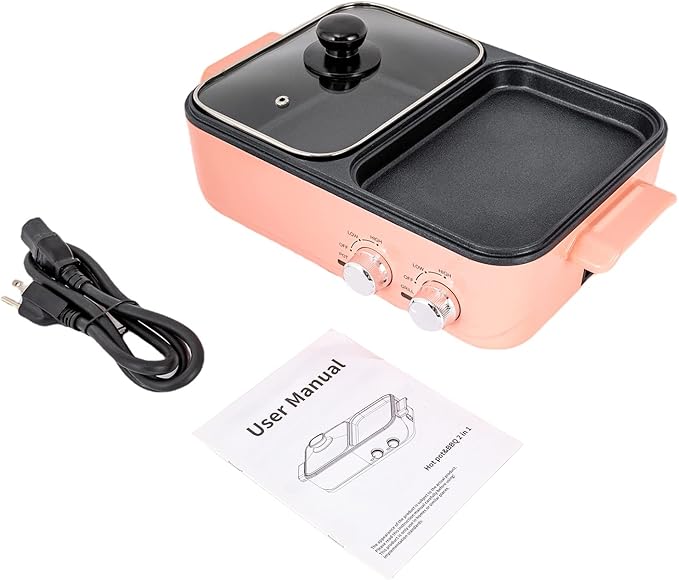 2-in-1 Electric Hot Pot & Grill Combo - Non-Stick Indoor Cooker with Dual Independent Temp Control, Fast 1200W Heating, Pink - Ideal for Korean BBQ, Steaks, Shabu Shabu, Noodles & Up to 4 People