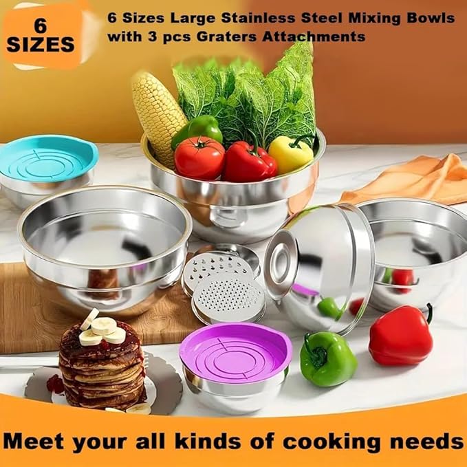 Thsinde Mixing Bowl with Airtight Lids Set of 6, Stainless Steel Nesting Salad Bowls for Mixing & Serving, 3 Grater Attachments & Non-Slip Bottoms (Size 7-1QT)