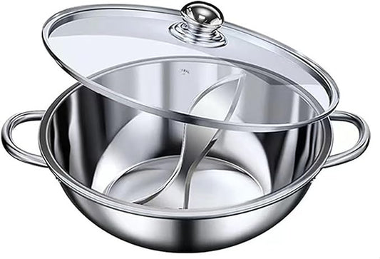 Nonstick Frying Pan Double Flavor Hot Pot Stainless Steel Shabu Hot Pot for Electric Induction Cooktop Gas Stove Kitchen Everything Pot with Glass Lid Stove Pot Uncoated Cookware,34CM
