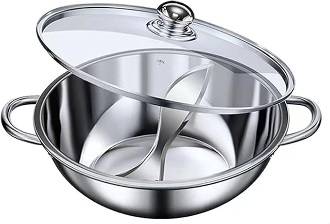 Nonstick Frying Pan Double Flavor Hot Pot Stainless Steel Shabu Hot Pot for Electric Induction Cooktop Gas Stove Kitchen Everything Pot with Glass Lid Stove Pot Uncoated Cookware,32CM