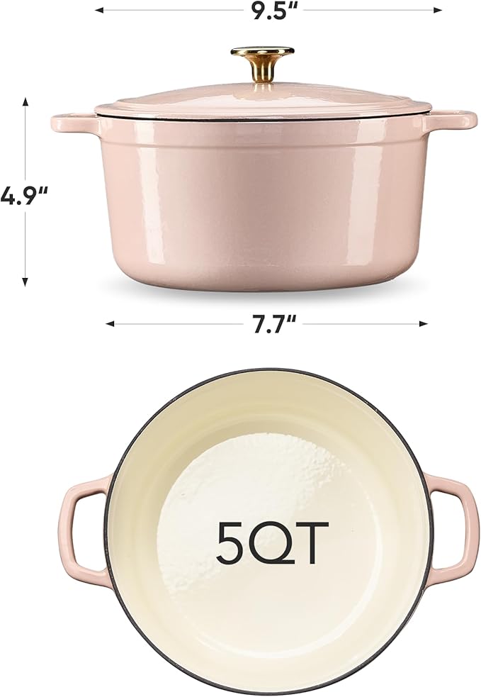 CAROTE 5QT Enameled Cast Iron Dutch Oven Pot with Lid, Heavy-Duty Dutch Ovens for Sourdough Bread Baking, Braising, Roasting, Dual Handles, Healthy & Non-Toxic, All Stovetop Compatible, Oven Safe up to 500° F, Macaron Pink