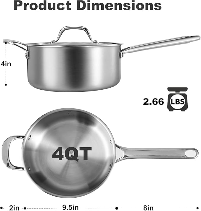 Rokasala 4 QT Saucepan with Lid,3-Ply Stainless Steel Stockpot,Professional Grade Cookware,Induction Compatible