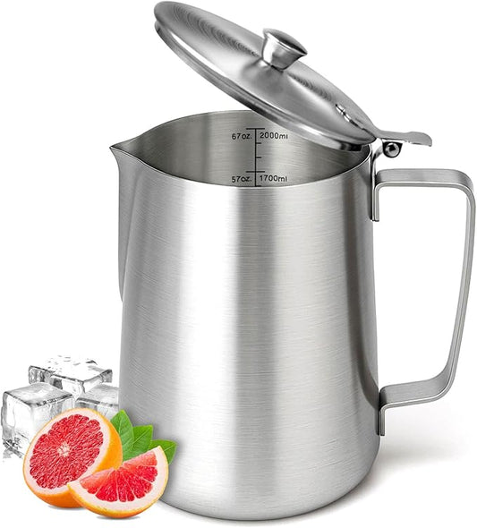 Stainless Steel Pitcher with Lid, 67 oz/2000 ml Large Metal Measuring Cup with Handle, Dual Scale Markings Graduated Beakers, Milk Frothing Jug for Espresso Machines, Latte Art, Iced Tea, Hot Water