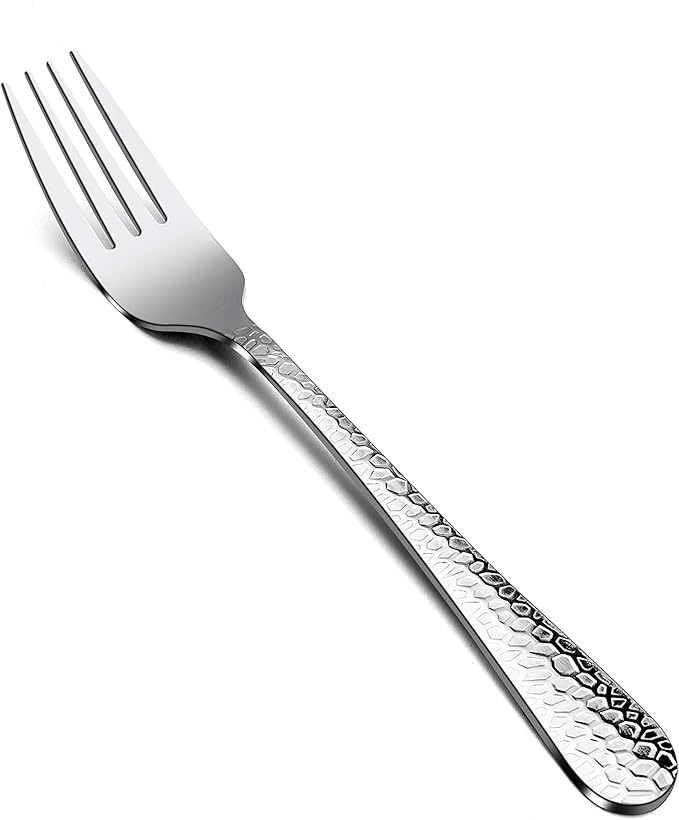 Hammered Dinner Forks Set, E-far 6-Piece Stainless Steel Salad Flatware Forks Use for Home, Kitchen, Restaurant, Round Edge & Mirror Polished, Dishwasher safe - 7.9 Inches