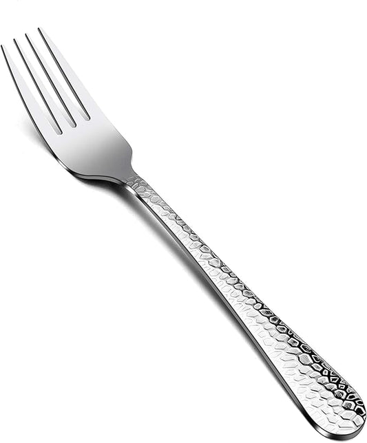 Hammered Dinner Forks Set, E-far 6-Piece Stainless Steel Salad Flatware Forks Use for Home, Kitchen, Restaurant, Round Edge & Mirror Polished, Dishwasher safe - 7.9 Inches